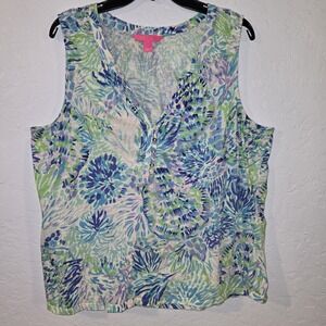 Lilly Pulitzer #001454 Women's Blue green White Essie V-Neck Tank Top Size XXL